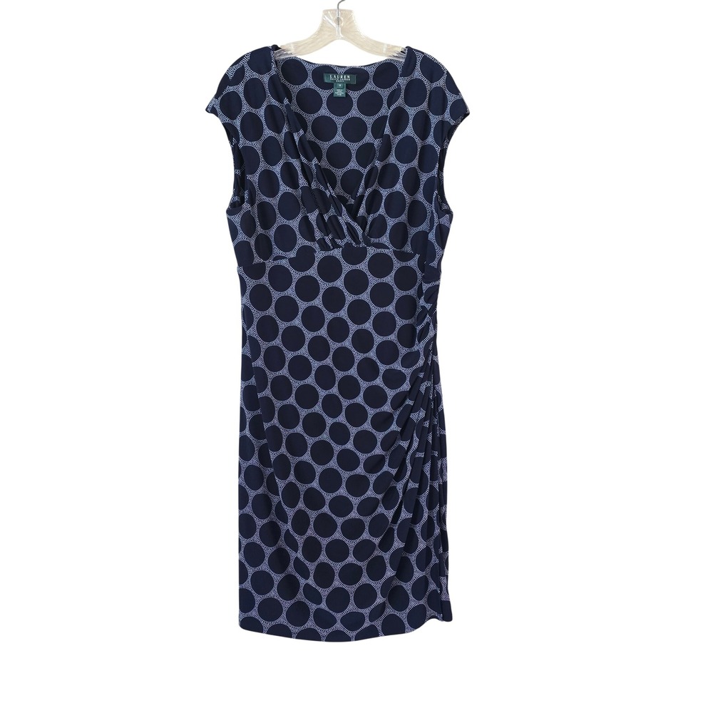 Lauren Ralph Lauren Navy Blue White Polka Dot Ruched V-Neck Sheath Dress 10